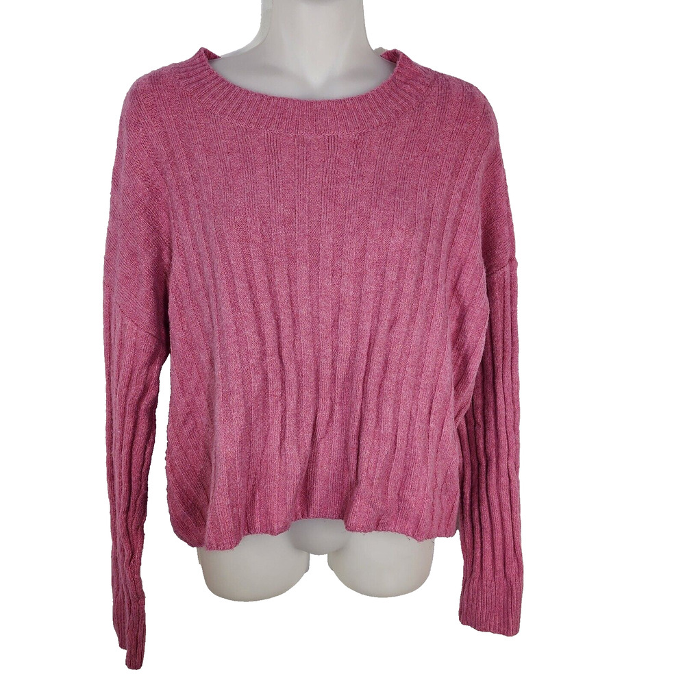 American Eagle Sweater Women Small Cropped Dreamspun Pink Ribbed Relax Fit Crew